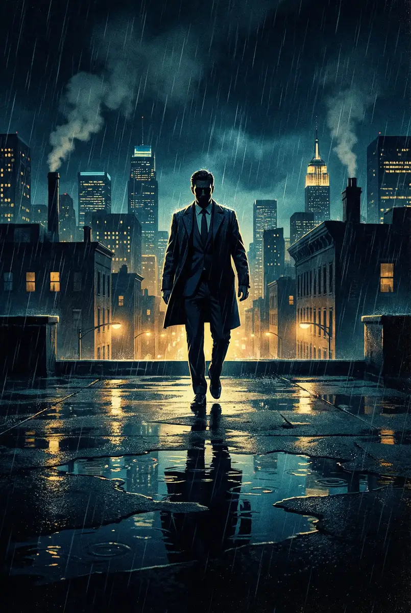 艾尔文与花栗鼠2国语 出品影片《雨夜独行者》海报，雨中城市屋顶男性剪影